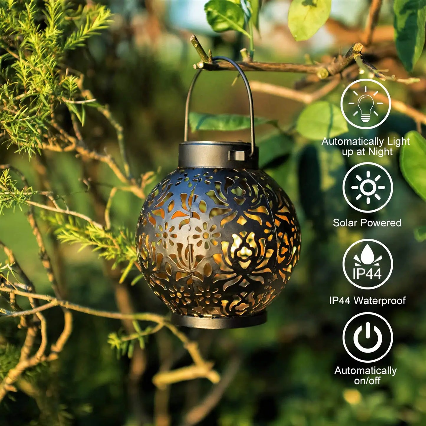 Brehn | Solivanta Lichtkunst Solar Garten-Hängelaterne | Eisenkunst mit Projektionseffekt | Wasserdicht | Für Baum, Balkon & Terrasse