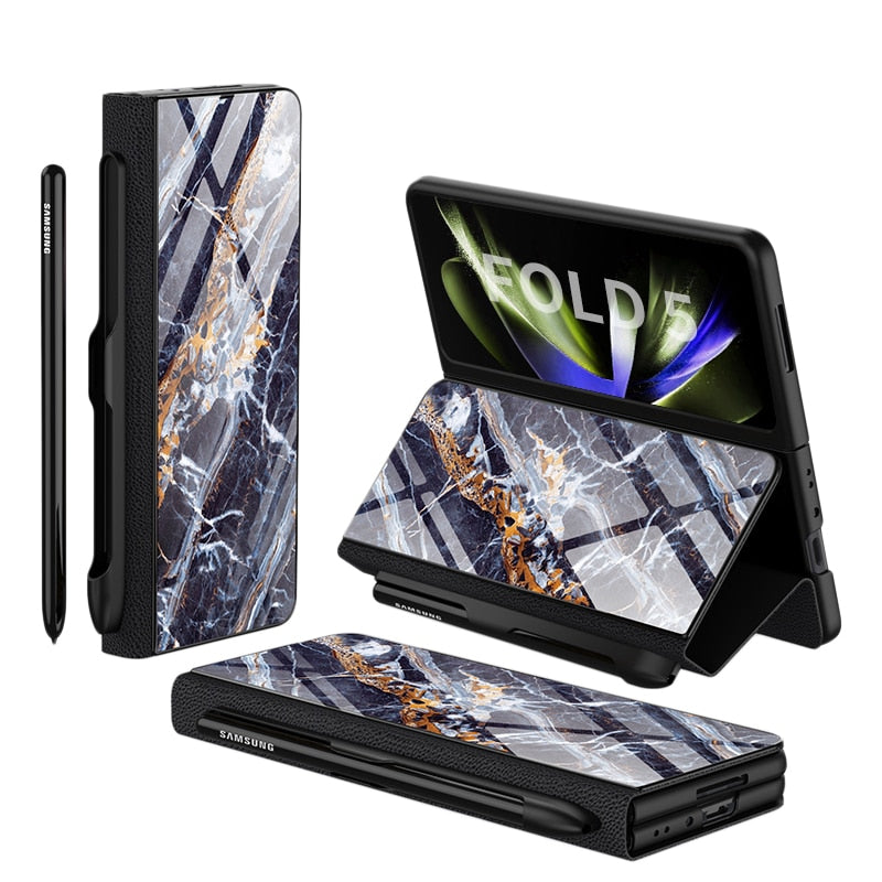 Brehn | Stoßfeste Rüstungshülle Hülle Glas Abdeckung Ständer Einfügkarte Lederhülle für Samsung Galaxy Z Fold 5/4
