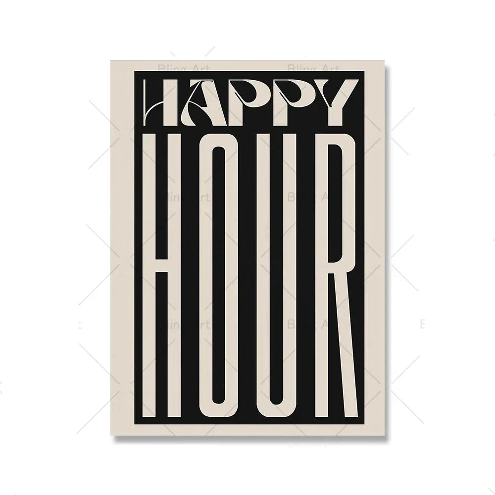 Retro Typografisch Happy Hour Bar Café Küche Wandkunst Feine Kunst Leinwanddrucke Bilder für Wohnzimmer Esszimmer Farbenfrohe Kunstdekoration | Brehn