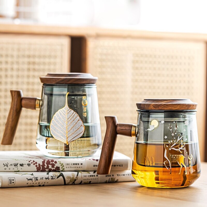 Premium Glas Teetasse mit Filter und Holzgriff, 470ml