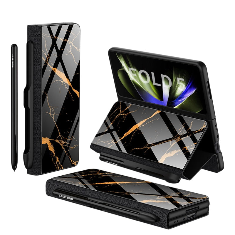 Brehn | Stoßfeste Rüstungshülle Hülle Glas Abdeckung Ständer Einfügkarte Lederhülle für Samsung Galaxy Z Fold 5/4