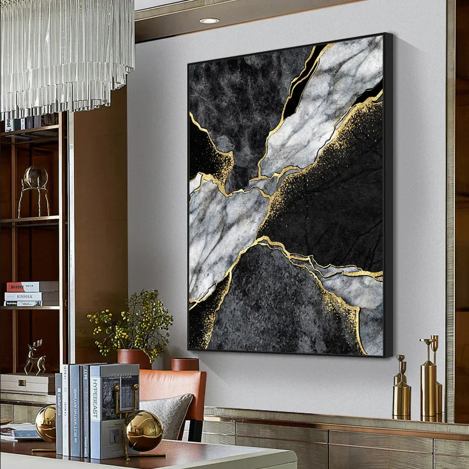 Moderne abstrakte schwarze graue goldene Geode-Marmor-Druck Wandkunst Fine Art Leinwanddrucke Bilder für luxuriöse Wohnung Wohnzimmer Home Office Dekor | Brehn