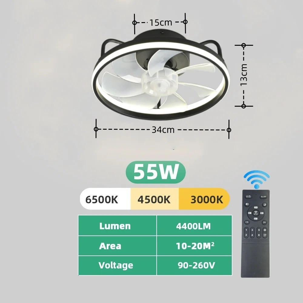 Moderner LED-Deckenventilator mit DC-Motor - 6 Geschwindigkeiten, Timer, Niedrigboden-Dachventilator, Fernbedienung Dekorative Beleuchtung | Brehn