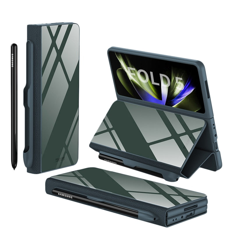 Brehn | Stoßfeste Rüstungshülle Hülle Glas Abdeckung Ständer Einfügkarte Lederhülle für Samsung Galaxy Z Fold 5/4