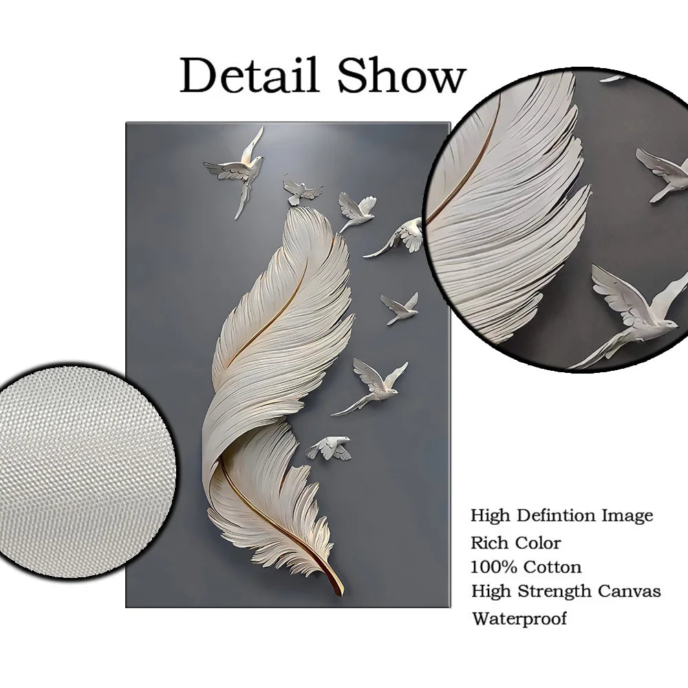 Sieben Vögel Feder Wandkunst Fine Art Leinwanddrucke 3D Visualisierung Minimalistische abstrakte Bilder für Wohnzimmer Eingang, Foyer Kunst Dekor | Brehn