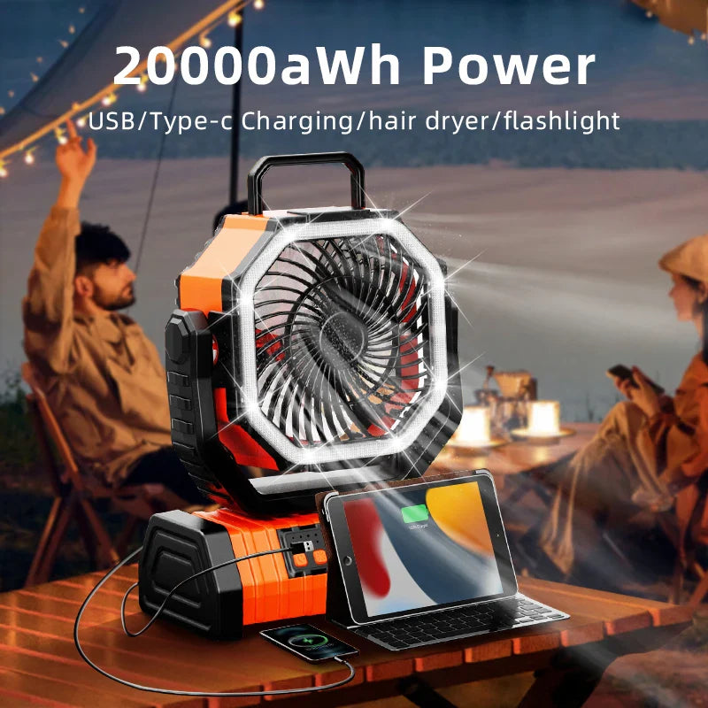 20000mAh Tragbarer Wiederaufladbarer Ventilator — Akku-Betriebene Tisch- & Camping-Lüfter mit LED-Licht & Haken für Zelt, Auto und Outdoor-Ausflüge | Brehn