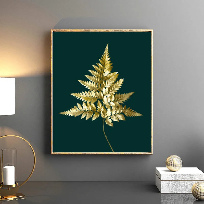 Abstrakte tropische Botanik goldene Blätter Wandkunst Feine Kunst Leinwanddrucke Bilder für Wohnzimmer Esszimmer Licht Luxus Wohnkultur | Brehn