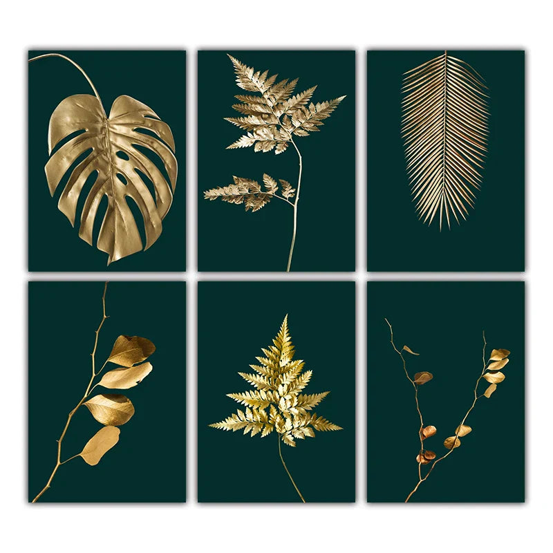 Abstrakte tropische Botanik goldene Blätter Wandkunst Feine Kunst Leinwanddrucke Bilder für Wohnzimmer Esszimmer Licht Luxus Wohnkultur | Brehn