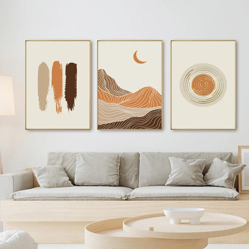 Abstrakte Geometrische Taupe Terrakotta Landschaft Sonne Mond Wandkunst Fein Kunst Leinwanddrucke Bilder Für Wohnzimmer Schlafzimmer Kunst Dekor | Brehn