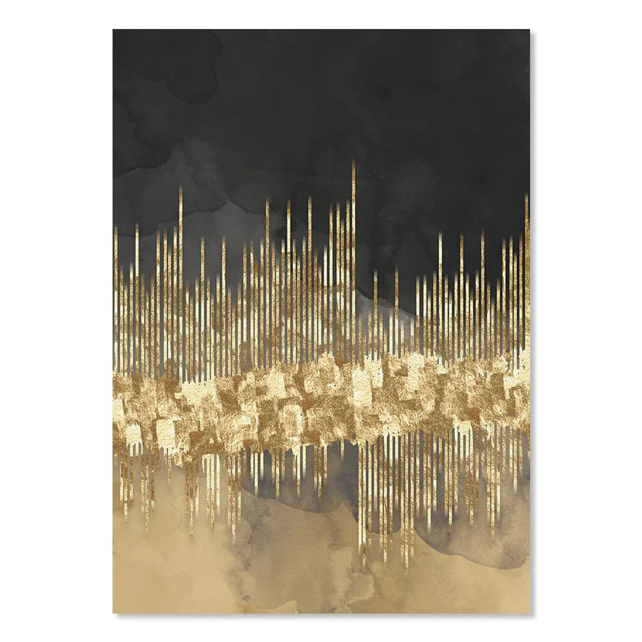 Abstrakte goldene Stadtlandschaft auf schwarzem Aquarell-Leinwanddruck Wandkunst leichte Luxusbilder für Wohnzimmer Schlafzimmer Home Office Dekor | Brehn