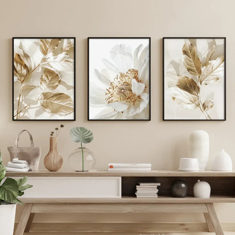 Moderne weiße & goldene florale Wandkunst feine Kunst Leinwanddrucke Bilder für Wohnzimmer Esszimmer Schlafzimmer Kunst Dekor (Set von 3 Stück) | Brehn