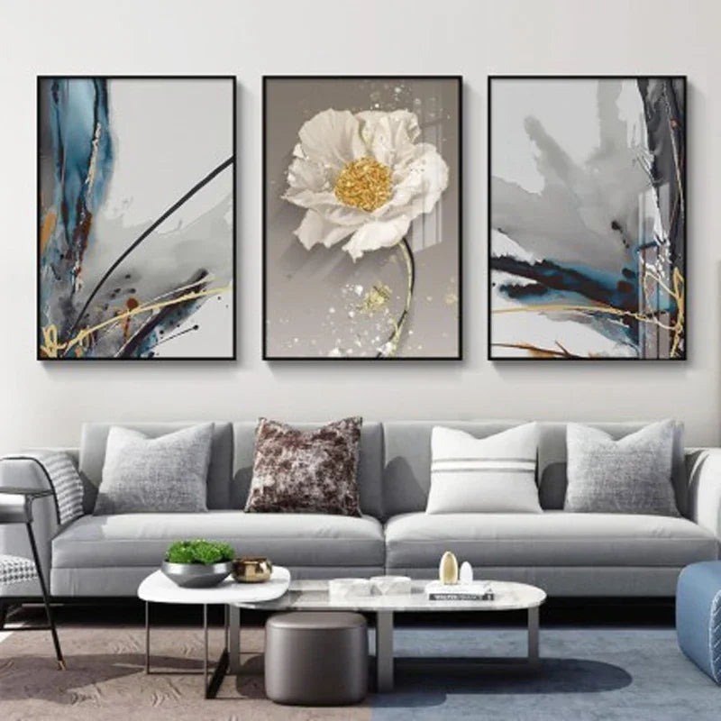 Moderne abstrakte florale Wandkunst Fine Art Leinwanddrucke blaue graue botanische Bilder für Wohnzimmer Schlafzimmer Wandkunst Dekor