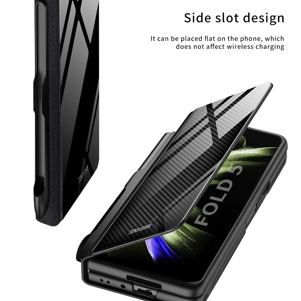 Brehn | Stoßfeste Rüstungshülle Hülle Glas Abdeckung Ständer Einfügkarte Lederhülle für Samsung Galaxy Z Fold 5/4