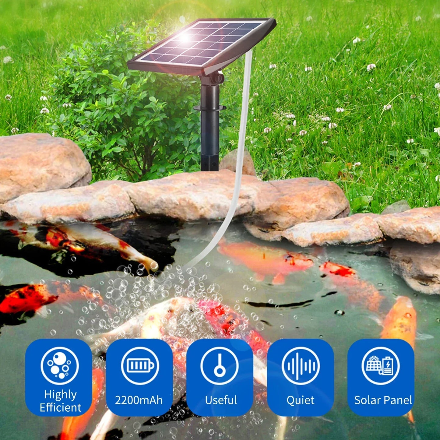 Brehn | AquaSola Solarbetriebene Sauerstoffpumpe mit Batterie | 6V 2W | Für Teiche & Aquarien | Einschließlich 2 Luftsteine & 0,25 cm Schlauch