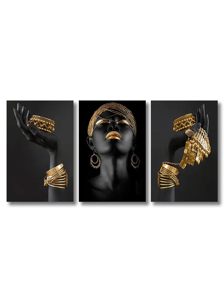 Set aus 3 Stück Schwarz Goldene Frauenporträt Wandkunst Feine Kunst Leinwanddrucke Bilder Für Luxuriöses Wohnzimmer Esszimmer Home Office Dekor | Brehn