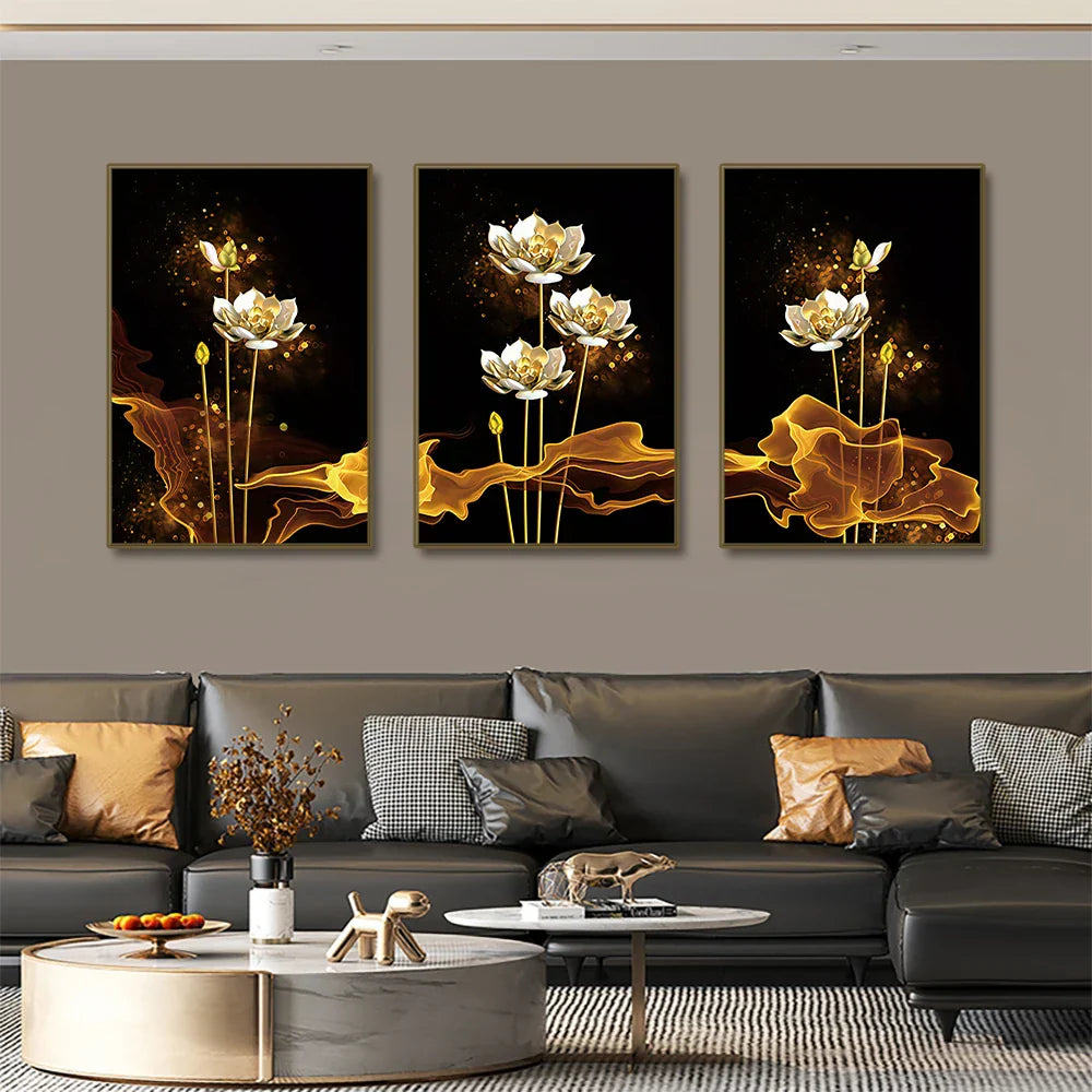 Set von 3PCs Weiße Goldene Lotus Exotische Florale Wandkunst Feine Kunst Leinwanddrucke Exotische Botanische Bilder Für Luxuriöses Wohnzimmer Esszimmer Schlafzimmer Kunstdekoration | Brehn