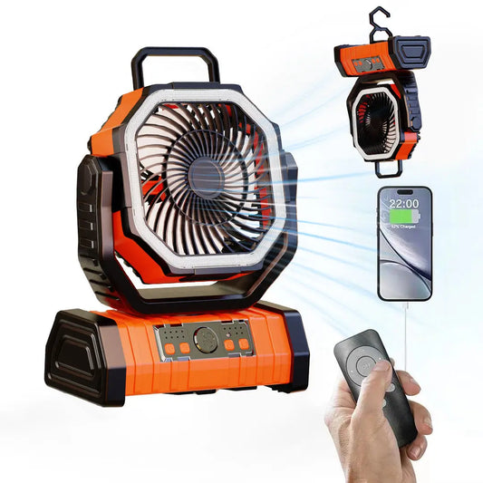 20000mAh Tragbarer Wiederaufladbarer Ventilator — Akku-Betriebene Tisch- & Camping-Lüfter mit LED-Licht & Haken für Zelt, Auto und Outdoor-Ausflüge | Brehn