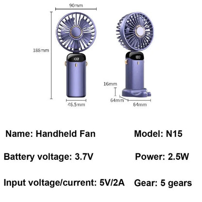 USB Handheld Mini Ventilator Faltbar Tragbare Hals Hängende Ventilatoren 5 Geschwindigkeiten USB Wiederaufladbarer Ventilator mit Telefonständer und Display | Brehn