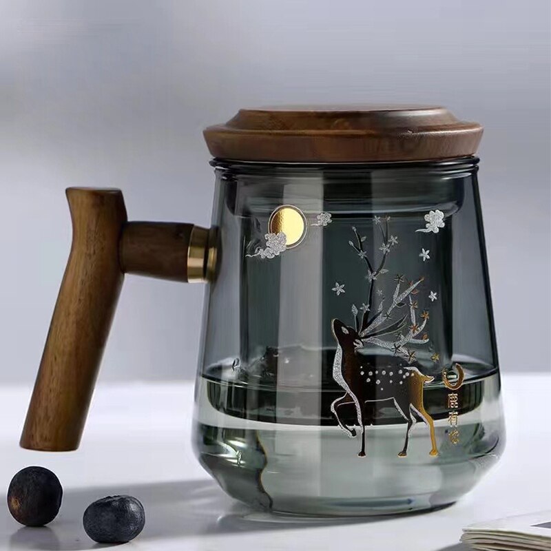 Premium Glas Teetasse mit Filter und Holzgriff, 470ml