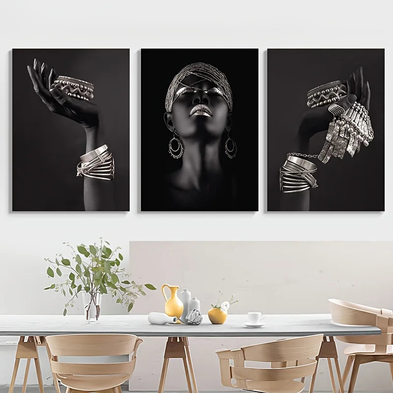 Set aus 3 Stück Schwarz Goldene Frauenporträt Wandkunst Feine Kunst Leinwanddrucke Bilder Für Luxuriöses Wohnzimmer Esszimmer Home Office Dekor | Brehn