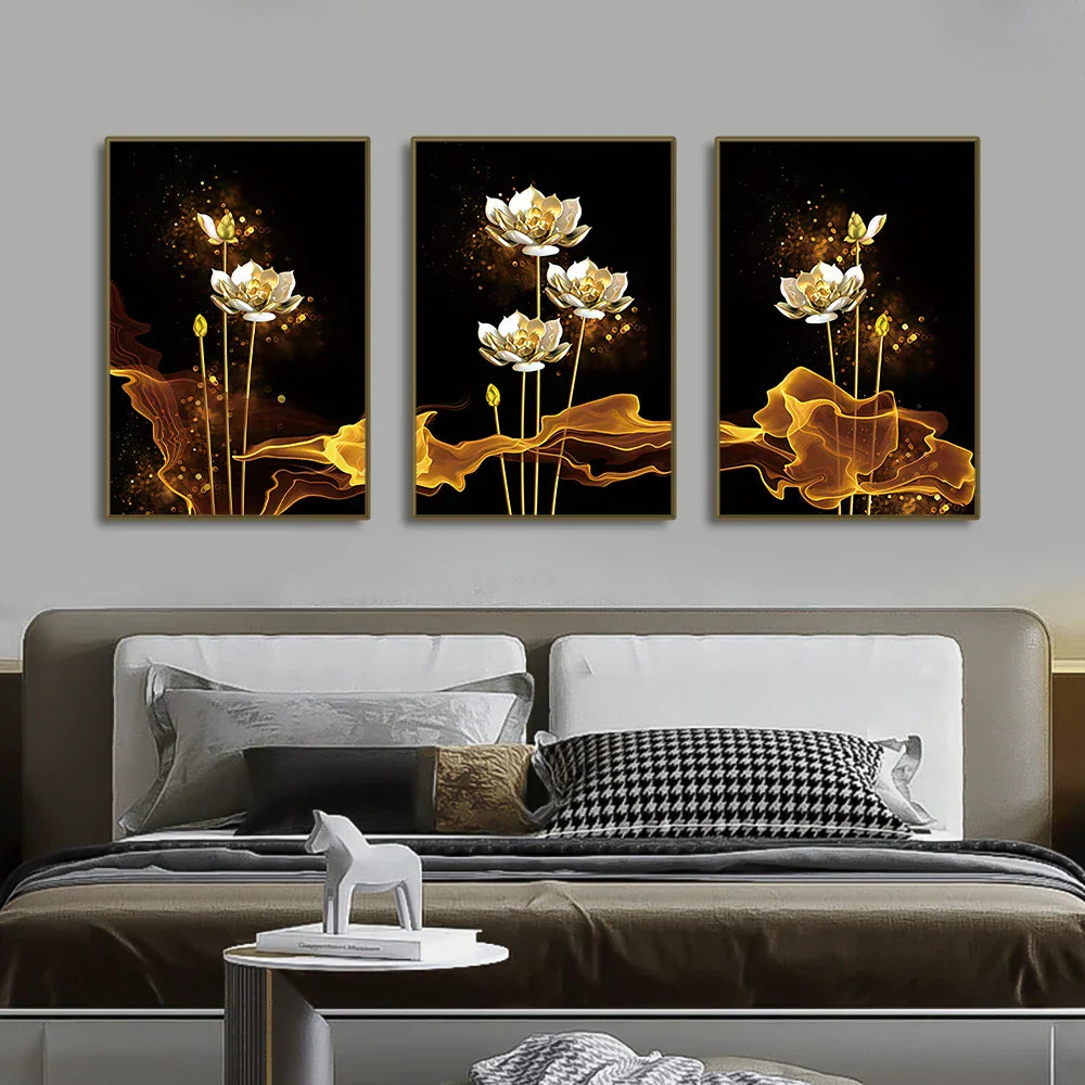 Set von 3PCs Weiße Goldene Lotus Exotische Florale Wandkunst Feine Kunst Leinwanddrucke Exotische Botanische Bilder Für Luxuriöses Wohnzimmer Esszimmer Schlafzimmer Kunstdekoration | Brehn