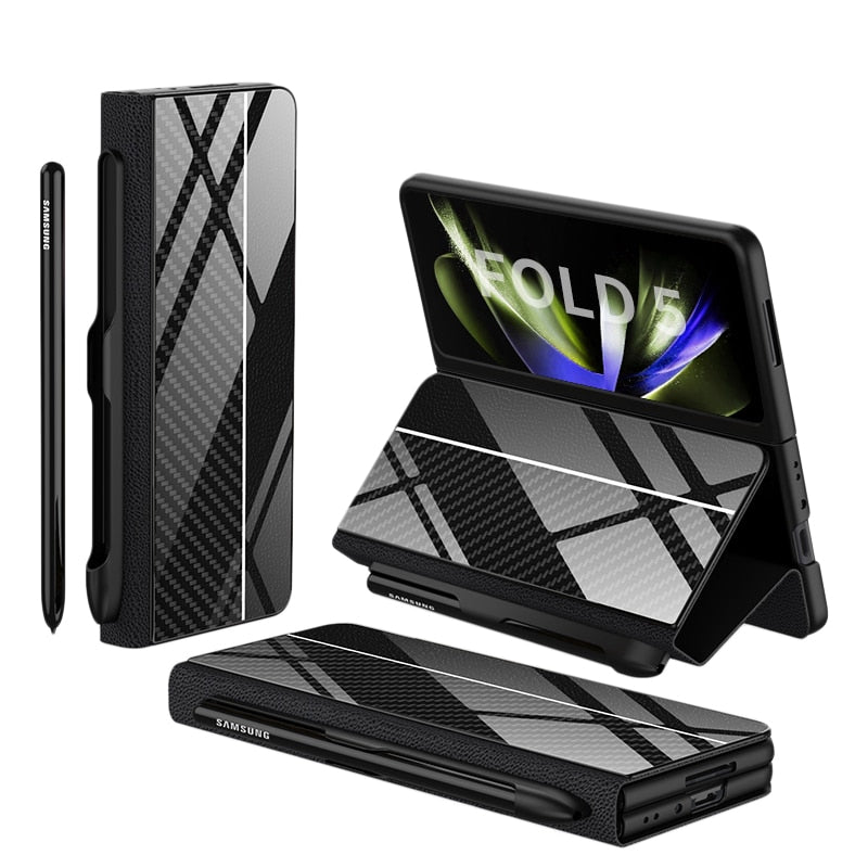 Brehn | Stoßfeste Rüstungshülle Hülle Glas Abdeckung Ständer Einfügkarte Lederhülle für Samsung Galaxy Z Fold 5/4