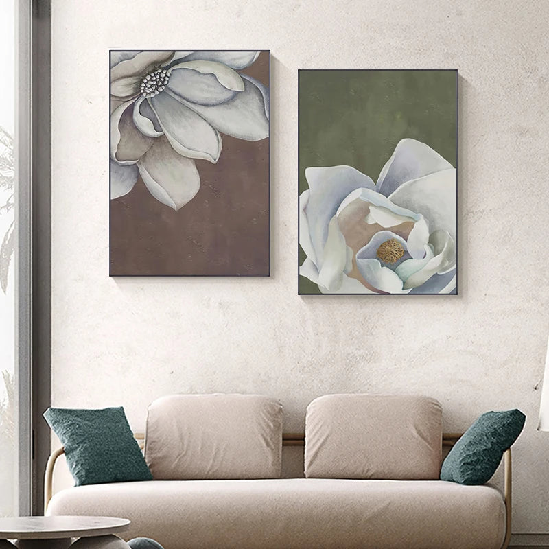 Skandinavische große florale Wandkunst feine Kunstdrucke auf Leinwand weiße Blütenblumen Poster moderne botanische Bilder für Foyer Wohnzimmer | Brehn