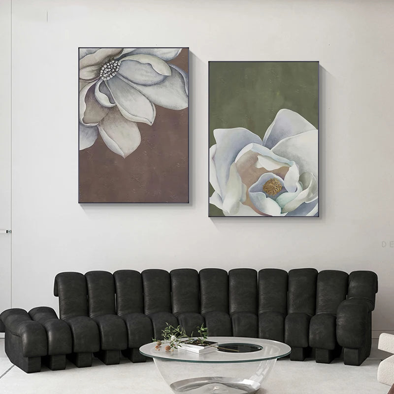 Skandinavische große florale Wandkunst feine Kunstdrucke auf Leinwand weiße Blütenblumen Poster moderne botanische Bilder für Foyer Wohnzimmer | Brehn