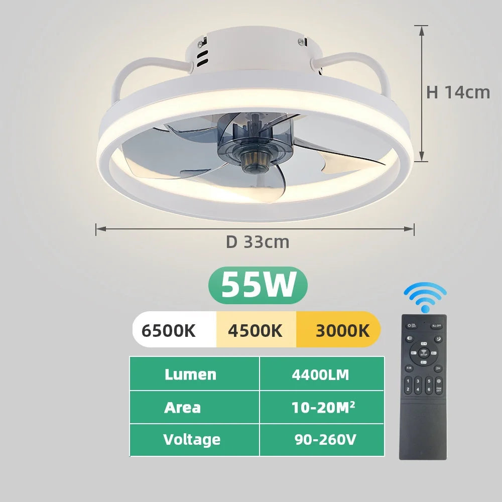 Moderner LED-Deckenventilator mit DC-Motor - 6 Geschwindigkeiten, Timer, Niedrigboden-Dachventilator, Fernbedienung Dekorative Beleuchtung | Brehn