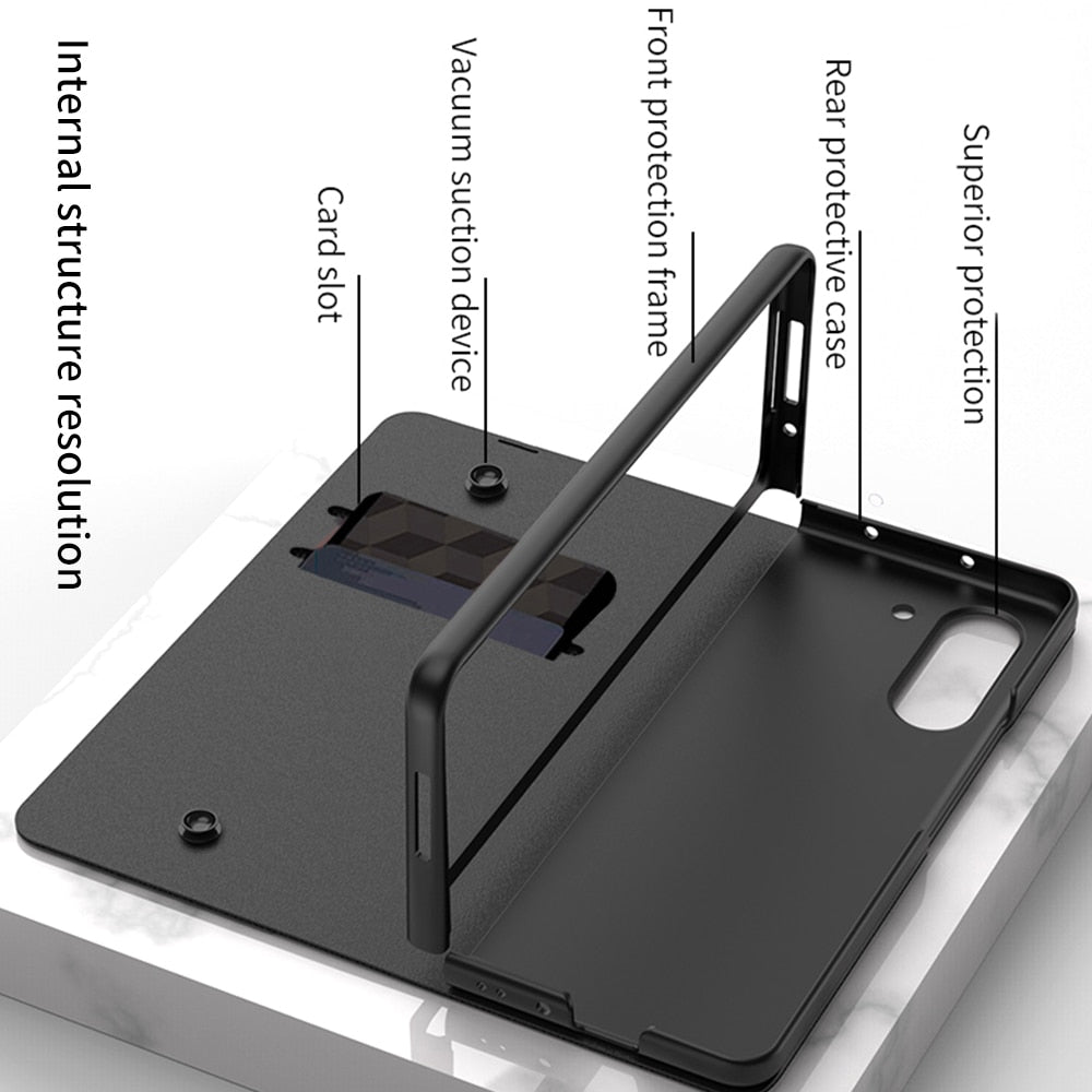 Brehn | Stoßfeste Rüstungshülle Hülle Glas Abdeckung Ständer Einfügkarte Lederhülle für Samsung Galaxy Z Fold 5/4