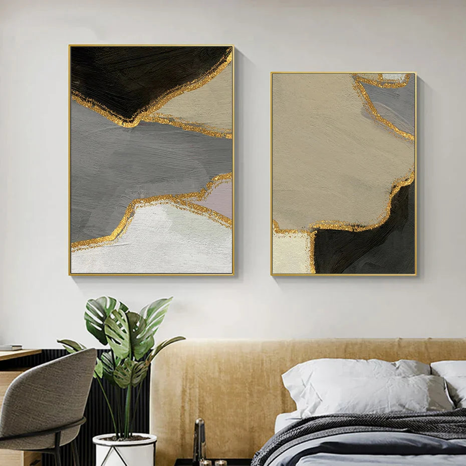 Abstrakte Blockfarbe Wandkunst Schwarz Grau Beige Golden Fine Art Leinwanddrucke Bilder Für Modernes Apartment Wohnzimmer Zeitgenössische Wohnkultur | Brehn
