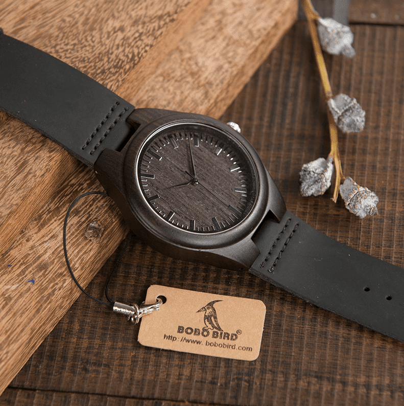 Brehn | Herren Schwarze Holz Uhr Mit Echtem Leder - Quarz, Natürliches Ebenholz