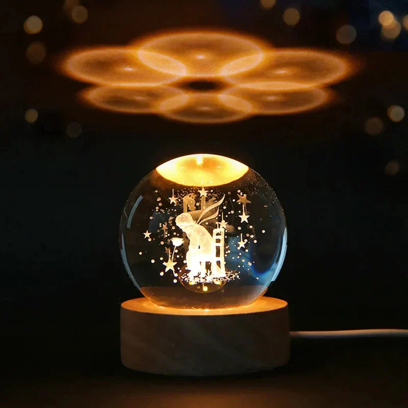 3D Kristall Nachttischlampe LED - Sternenhimmel Projektor mit Holzsockel, romantische Beleuchtung für Schlafzimmer & Geschenke | Brehn