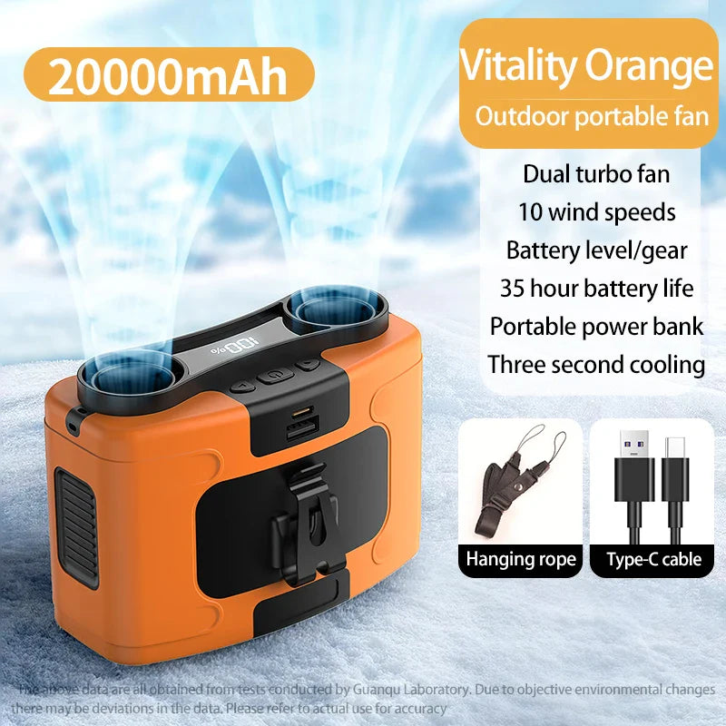 20000mAh tragbarer Hüftventilator – Hängender Nackenventilator mit Powerbank, starker Wind, LED-Beleuchtung für Sport, Kurier, Außenarbeit | Brehn