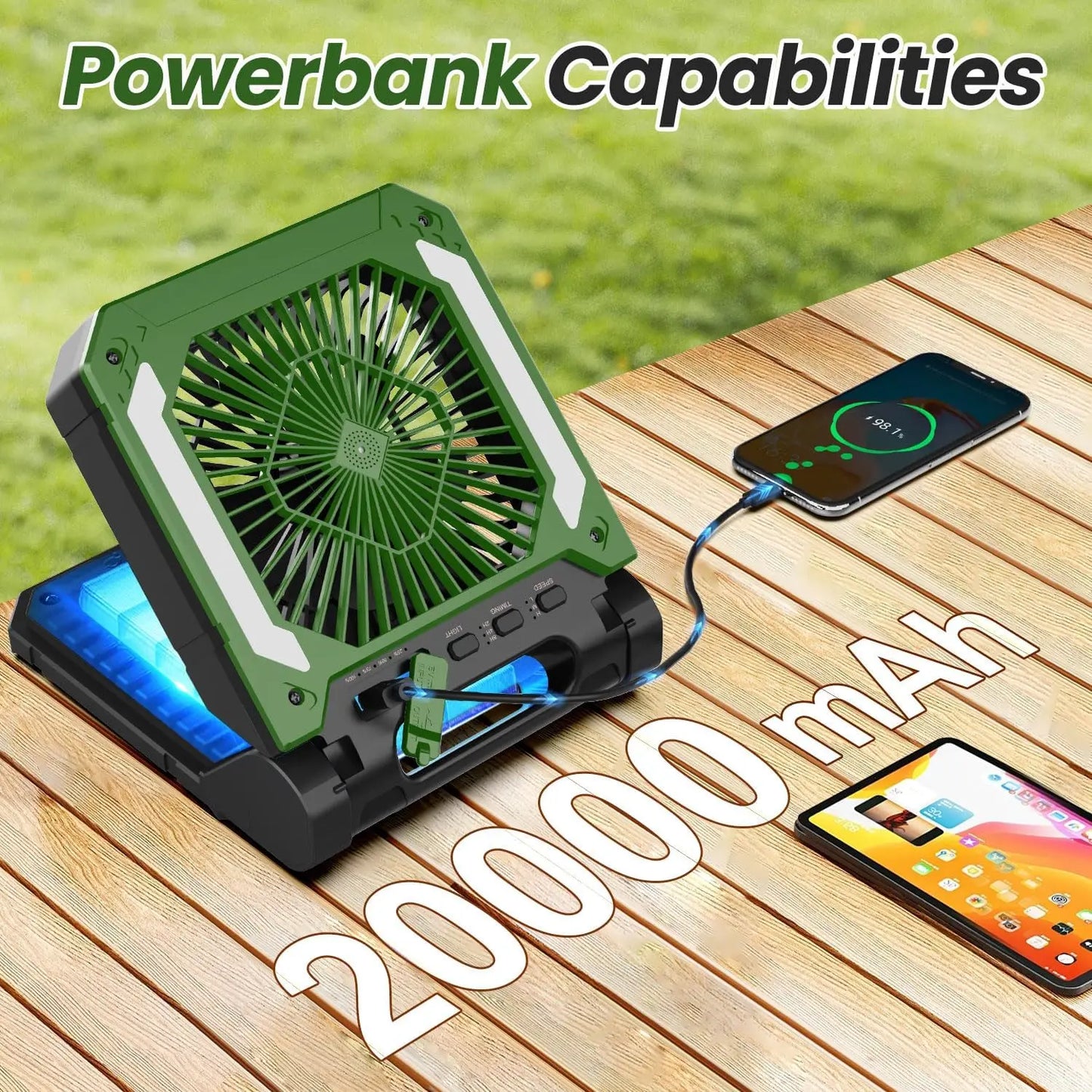 20000mAh Tragbarer Elektrischer Ventilator mit LED Licht — USB, Solar & Auto-Ladung für Camping | Brehn