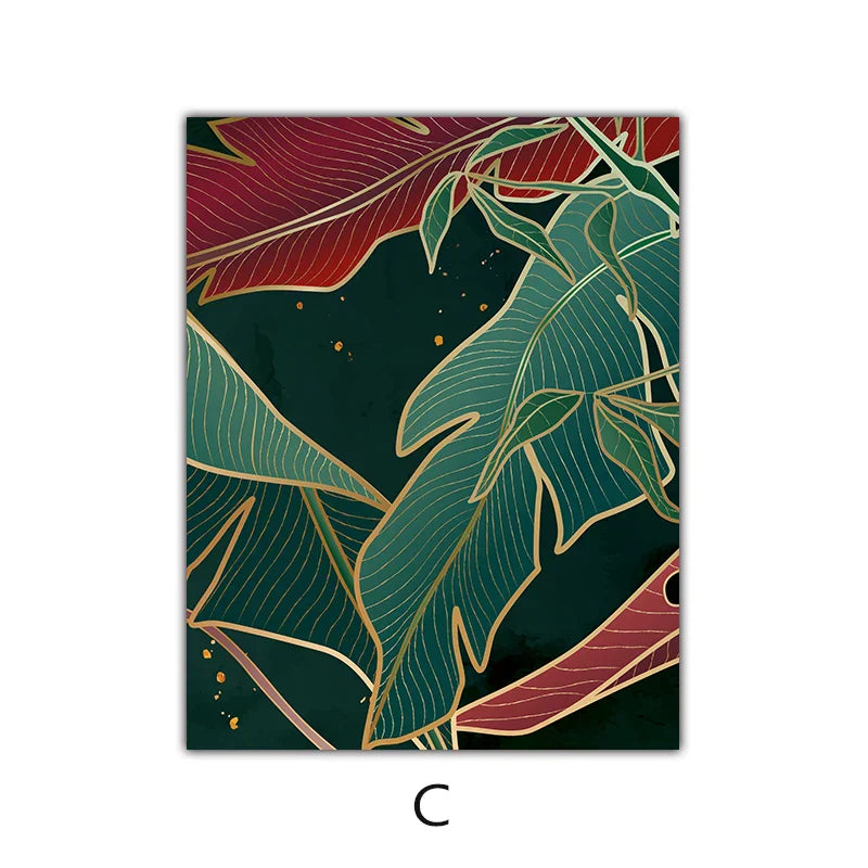 Moderne abstrakte tropische Botanik Wandkunst Fine Art Leinwanddrucke Rote grüne Palmenblätter Poster Bilder für Wohnzimmer Hotelzimmer Dekoration | Brehn
