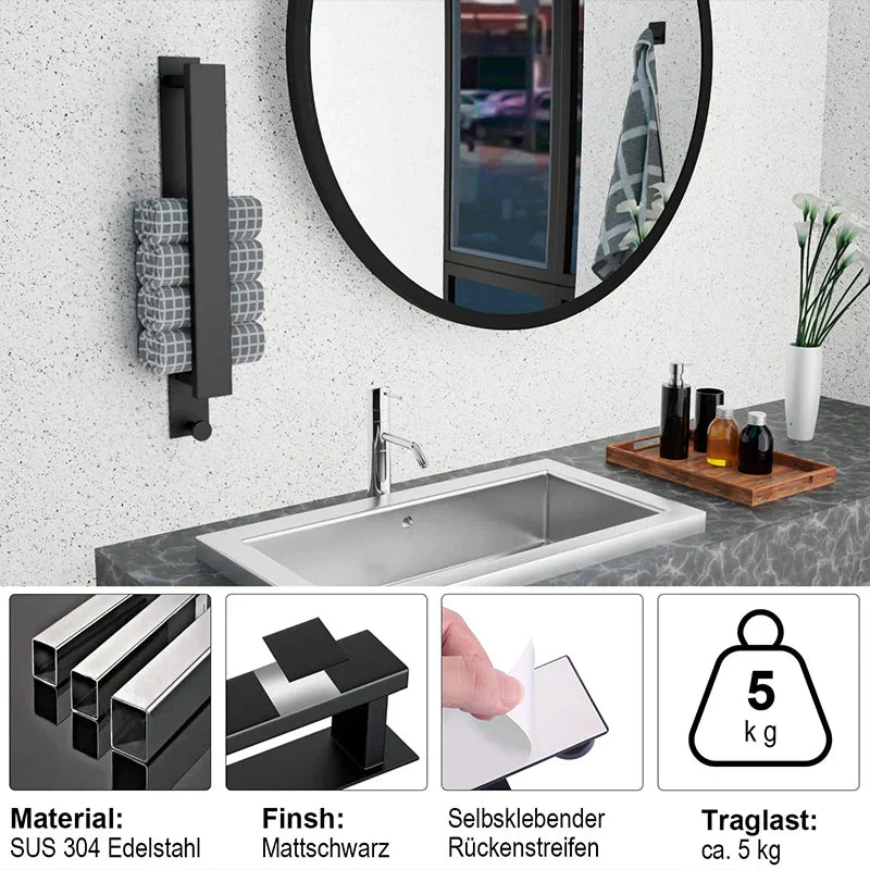 Brehn | Moderner Selbstklebender Handtuchhalter - in Silber und Schwarz