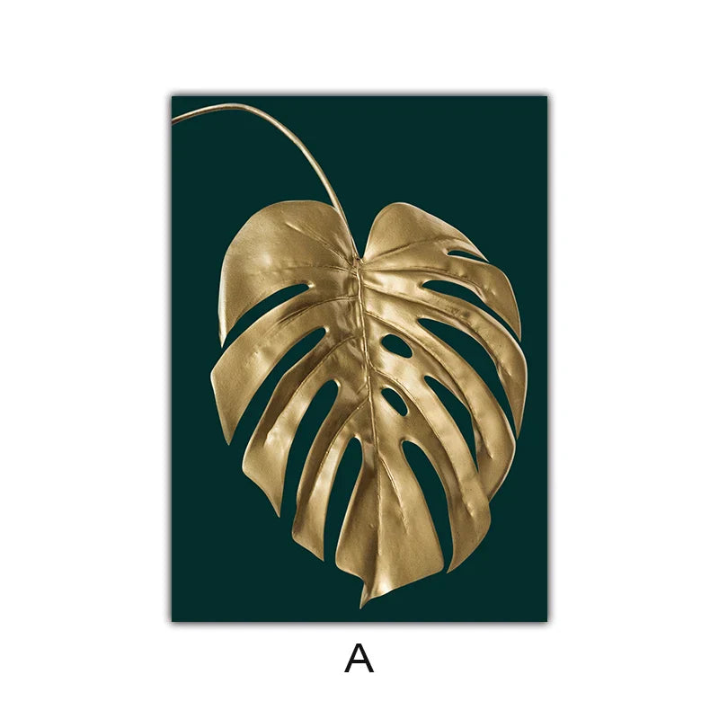 Abstrakte tropische Botanik goldene Blätter Wandkunst Feine Kunst Leinwanddrucke Bilder für Wohnzimmer Esszimmer Licht Luxus Wohnkultur | Brehn