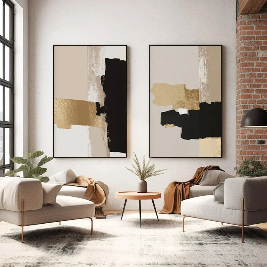 Schwarz Beige Gold Farbblock Abstrakte Wandkunst Fine Art Leinwanddrucke Moderne Bilder Für Wohnzimmer Schlafzimmer Zeitgenössische Inneneinrichtung | Brehn