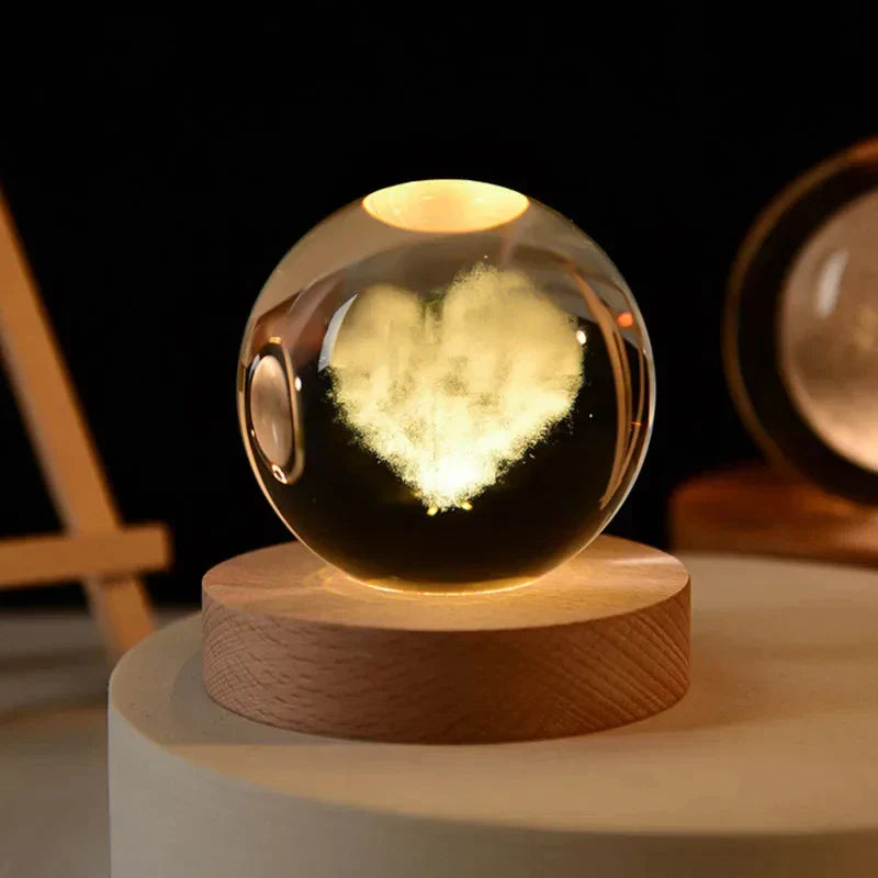 3D Kristall Nachttischlampe LED - Sternenhimmel Projektor mit Holzsockel, romantische Beleuchtung für Schlafzimmer & Geschenke | Brehn