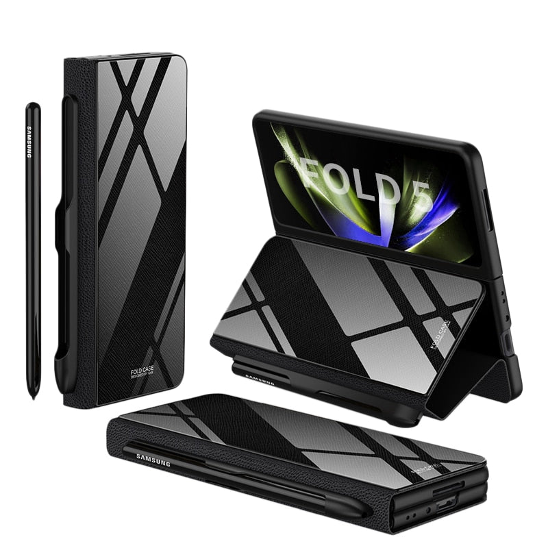 Brehn | Stoßfeste Rüstungshülle Hülle Glas Abdeckung Ständer Einfügkarte Lederhülle für Samsung Galaxy Z Fold 5/4