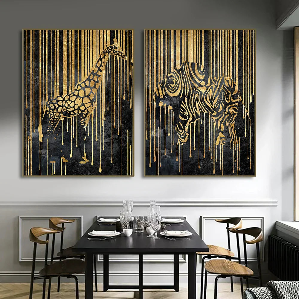 Moderne abstrakte goldene Zebra-Linien Löwe Elefant Tiger Wandkunst Fein Kunst Leinwanddrucke Bilder für luxuriöse Wohnung Wohnzimmer Esszimmer Kunstdekoration | Brehn