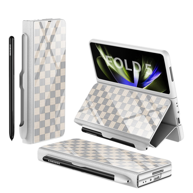 Brehn | Stoßfeste Rüstungshülle Hülle Glas Abdeckung Ständer Einfügkarte Lederhülle für Samsung Galaxy Z Fold 5/4