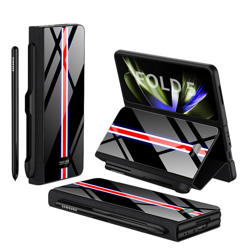 Brehn | Stoßfeste Rüstungshülle Hülle Glas Abdeckung Ständer Einfügkarte Lederhülle für Samsung Galaxy Z Fold 5/4