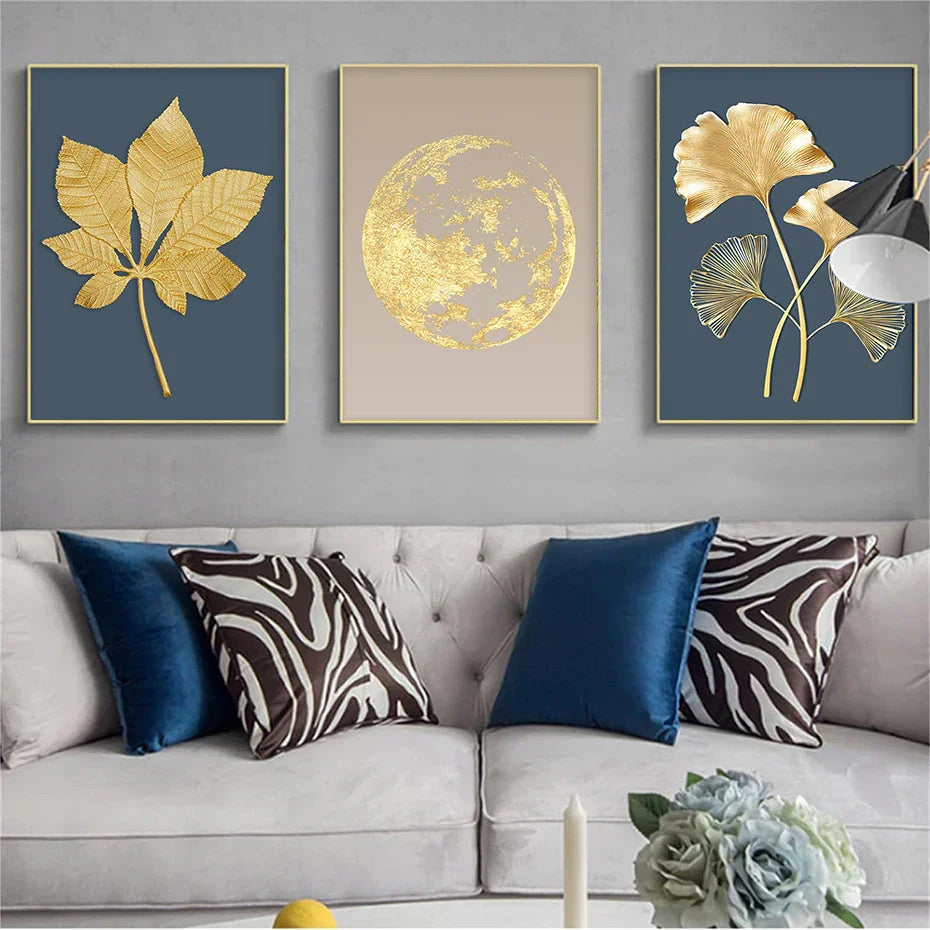 Blaue Minimalistische Goldene Abstrakte Florale Wandkunst Feine Kunst Leinwanddrucke Bilder Für Luxuriöses Wohnzimmer Esszimmer Home Office Kunst Dekor | Brehn