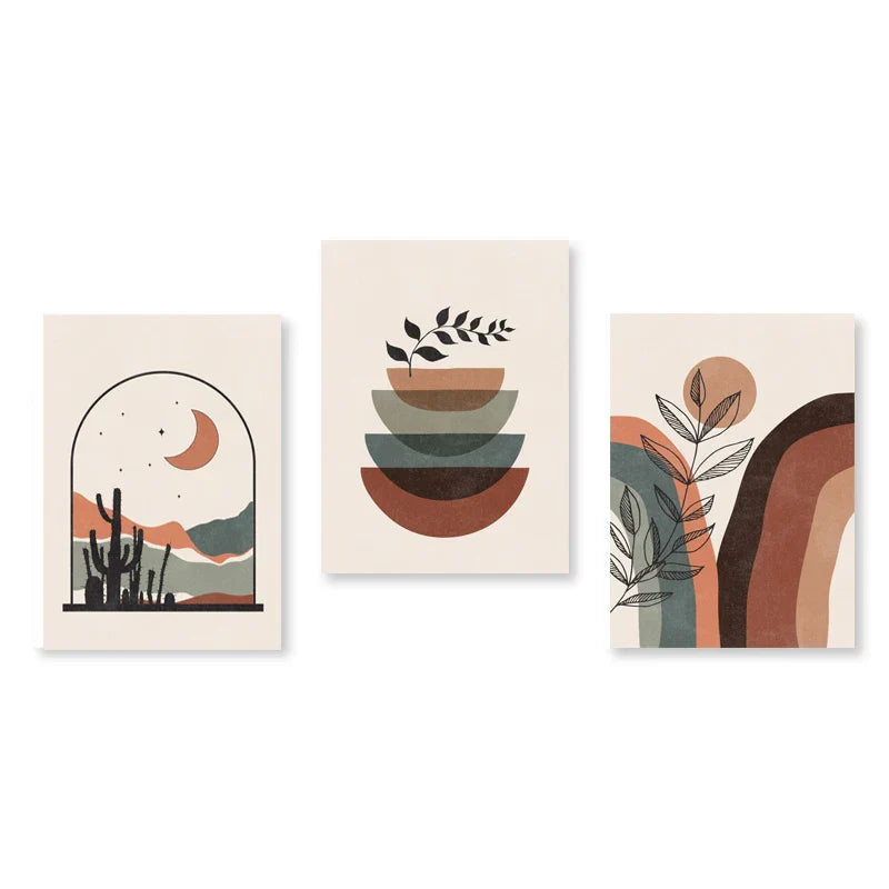 Set aus 3 Stück Modern Abstrakt Bohemian Minimalistisch Geometrisch Wandkunst Fein Kunst Leinwand Drucke Poster Bilder Für Wohnzimmer Dekor | Brehn