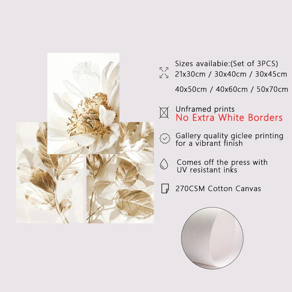 Moderne weiße & goldene florale Wandkunst feine Kunst Leinwanddrucke Bilder für Wohnzimmer Esszimmer Schlafzimmer Kunst Dekor (Set von 3 Stück) | Brehn