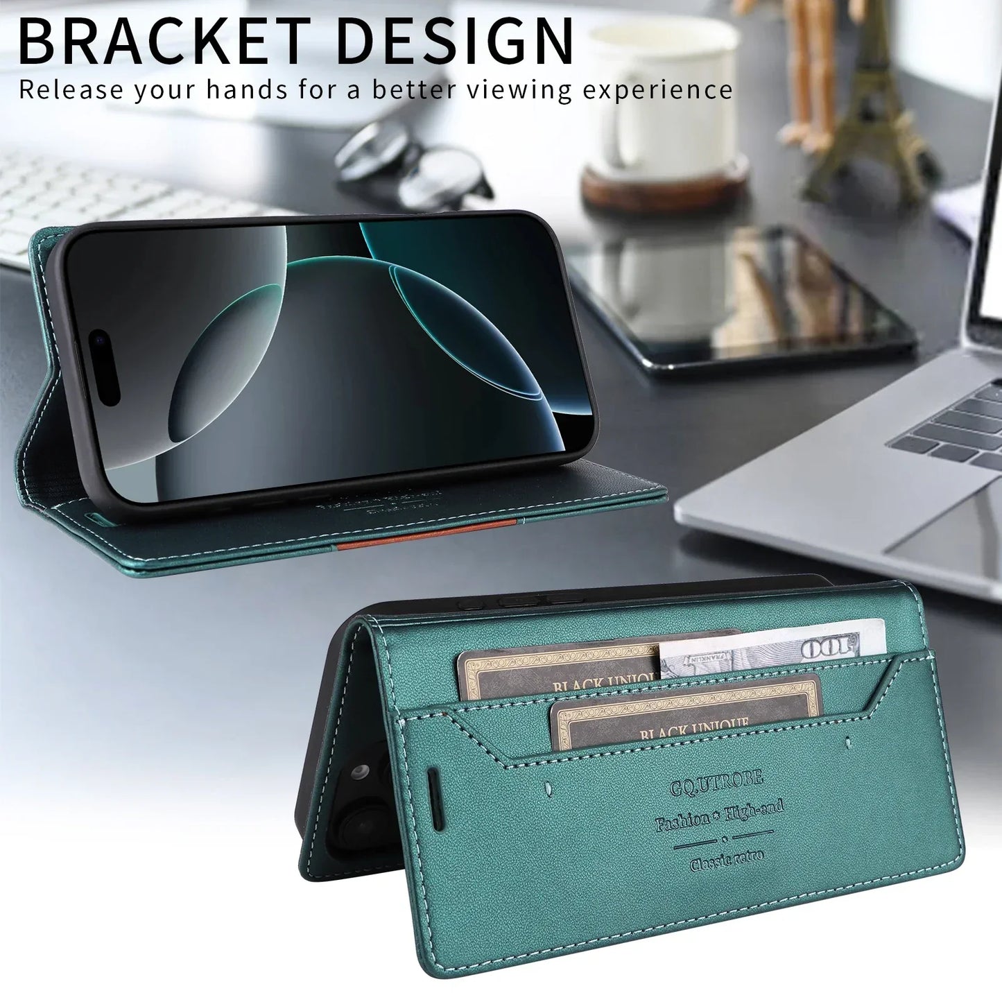 BowLift | RFID Leather iPhone 16/15 Magnetic Flip Wallet Case