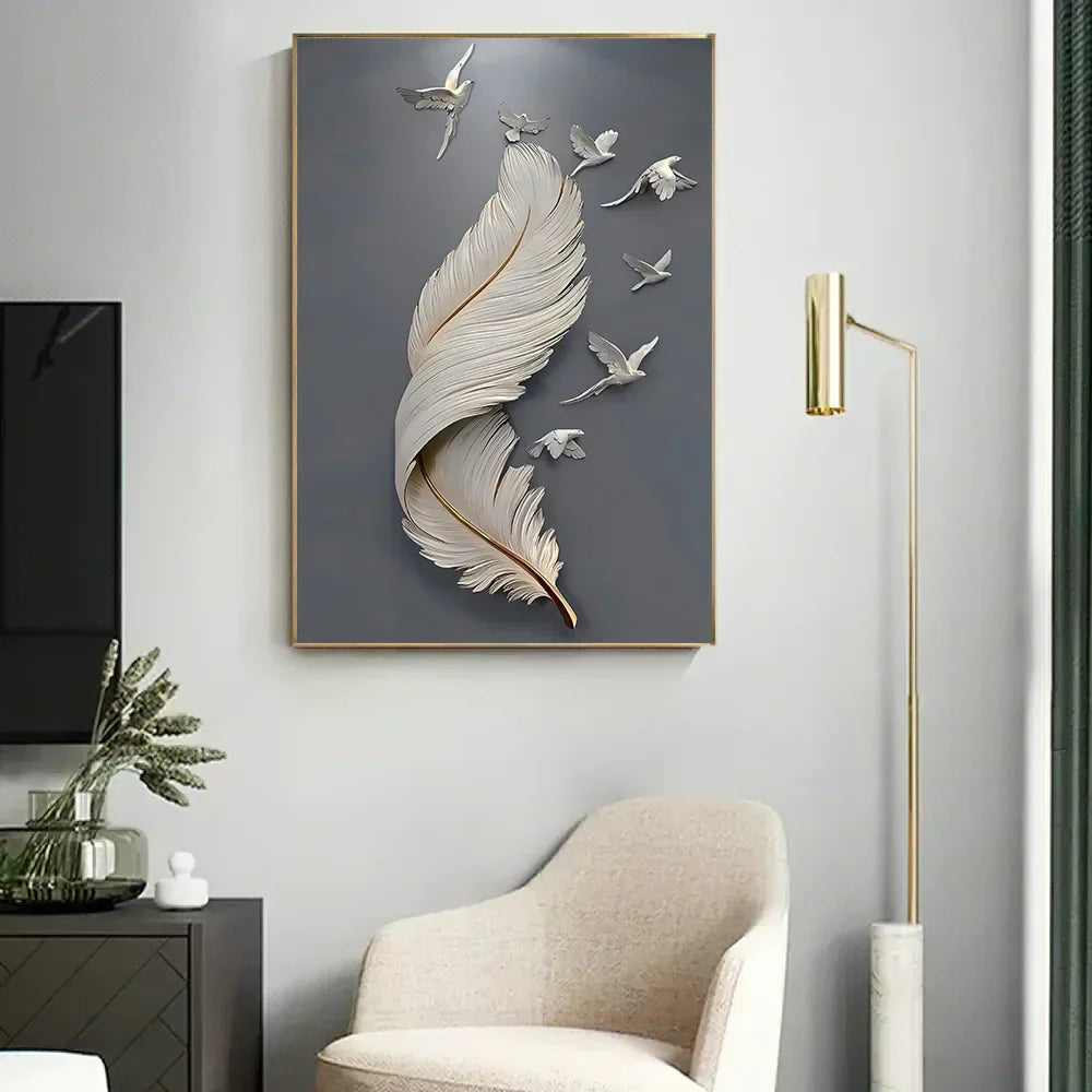 Sieben Vögel Feder Wandkunst Fine Art Leinwanddrucke 3D Visualisierung Minimalistische abstrakte Bilder für Wohnzimmer Eingang, Foyer Kunst Dekor | Brehn
