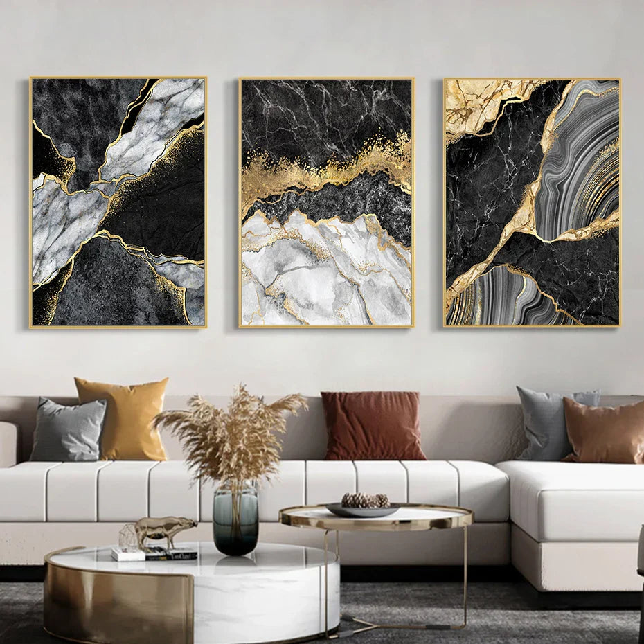 Moderne abstrakte schwarze graue goldene Geode-Marmor-Druck Wandkunst Fine Art Leinwanddrucke Bilder für luxuriöse Wohnung Wohnzimmer Home Office Dekor | Brehn